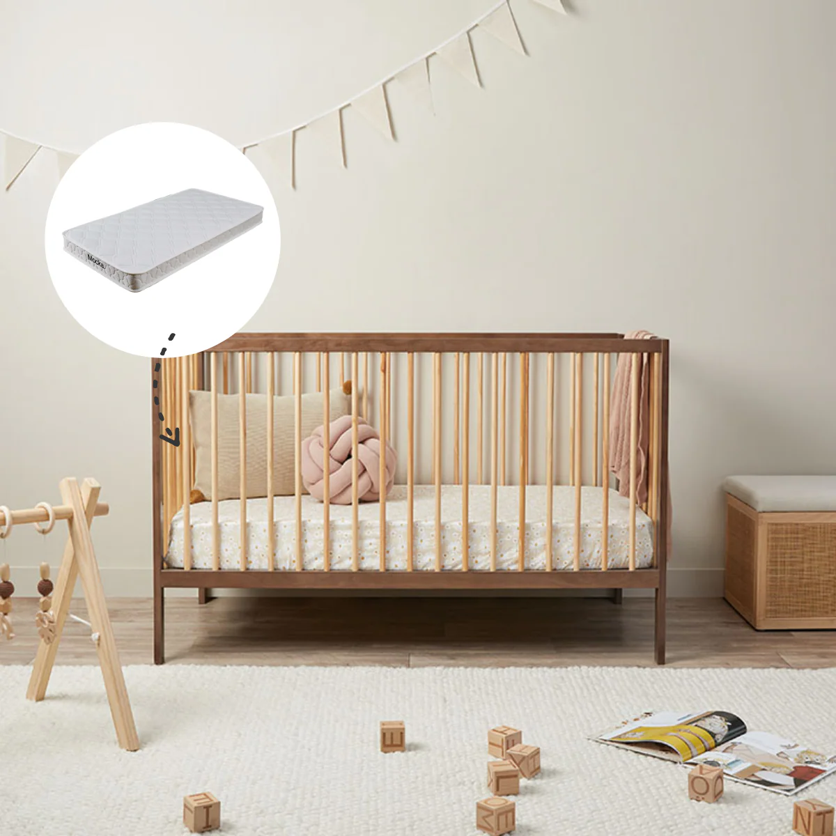 Mocka Dream Cot Almond/Natural + Mattress Bundle