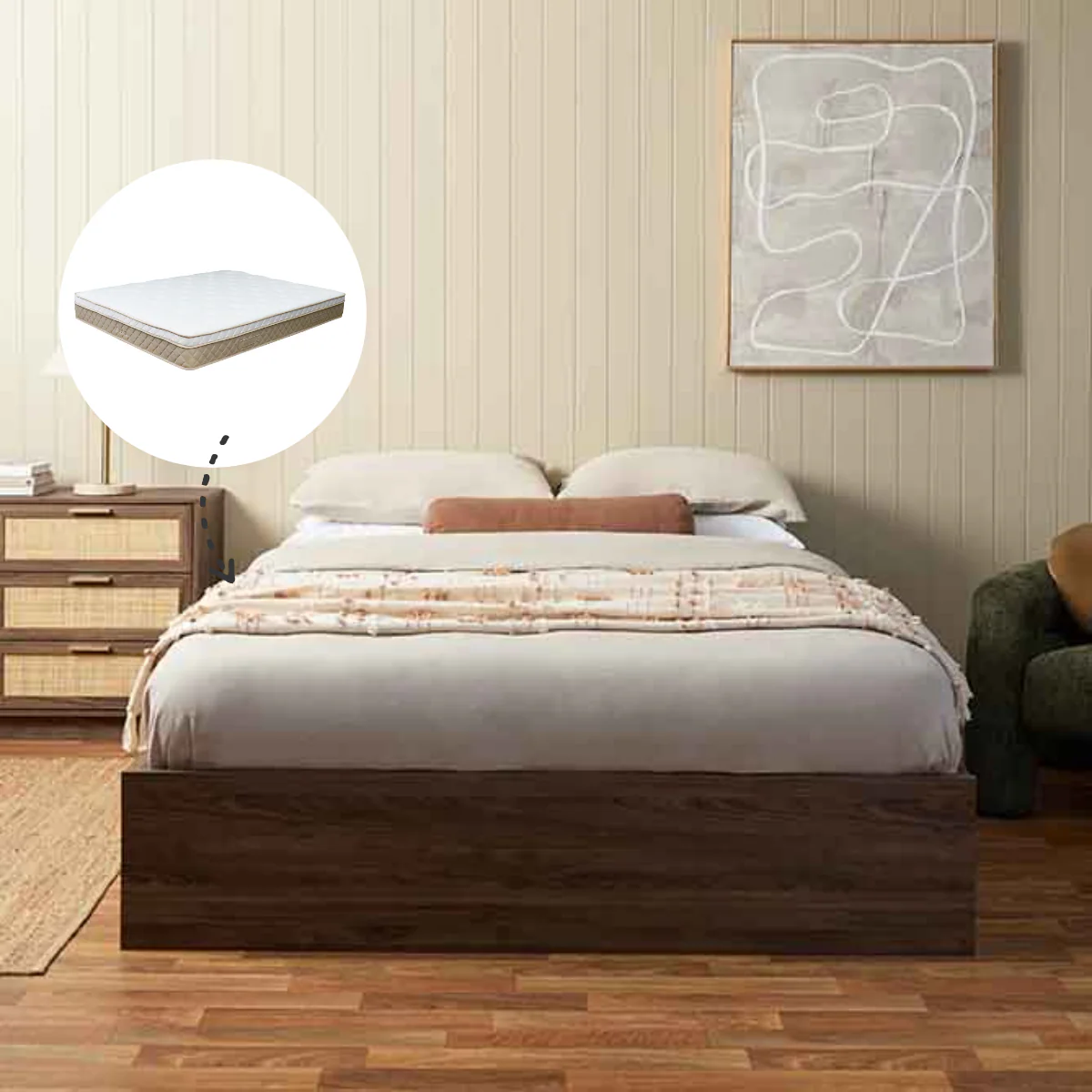 Noosa Rattan Queen Bed Base and Bamboo Queen Mattress Bundle