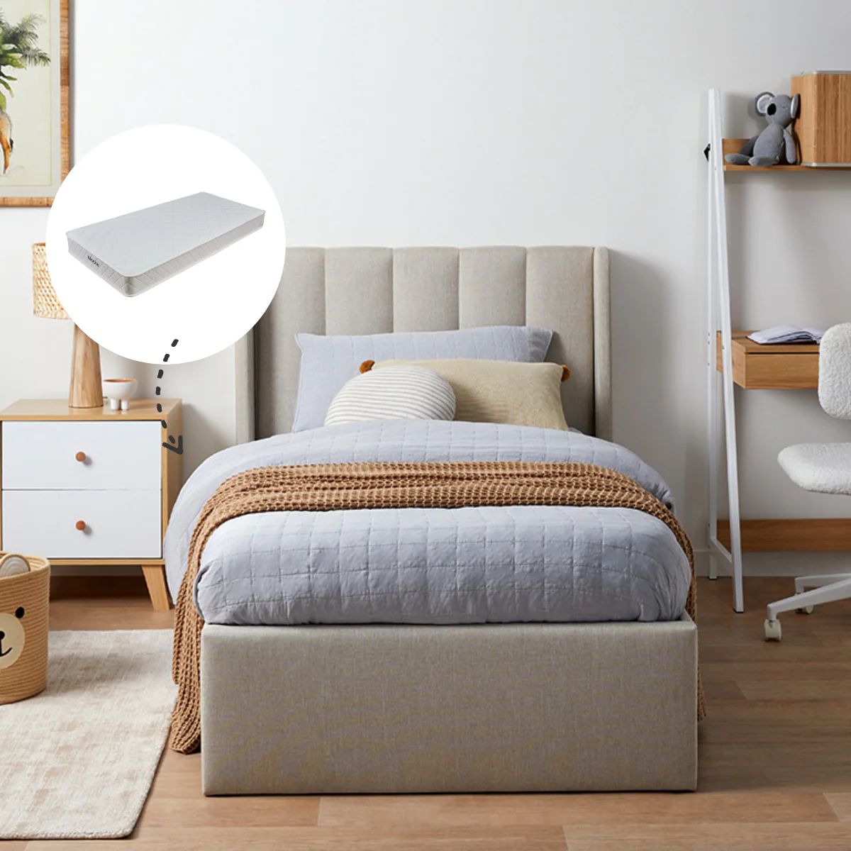 Quinn Single Bed Natural + Mocka Mattress Bundle